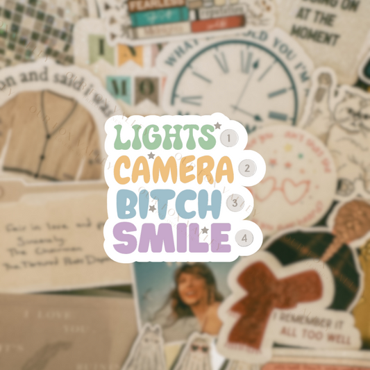 Lights, Camera, B, Smile - Water Resistant Sticker